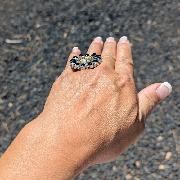Native American Ring Adjustable Heart White Horse w/ Jet  Navajo Adjustable Heart White Horse w/ Jet Cluster Sterling Siver Jewelry Sz 8US